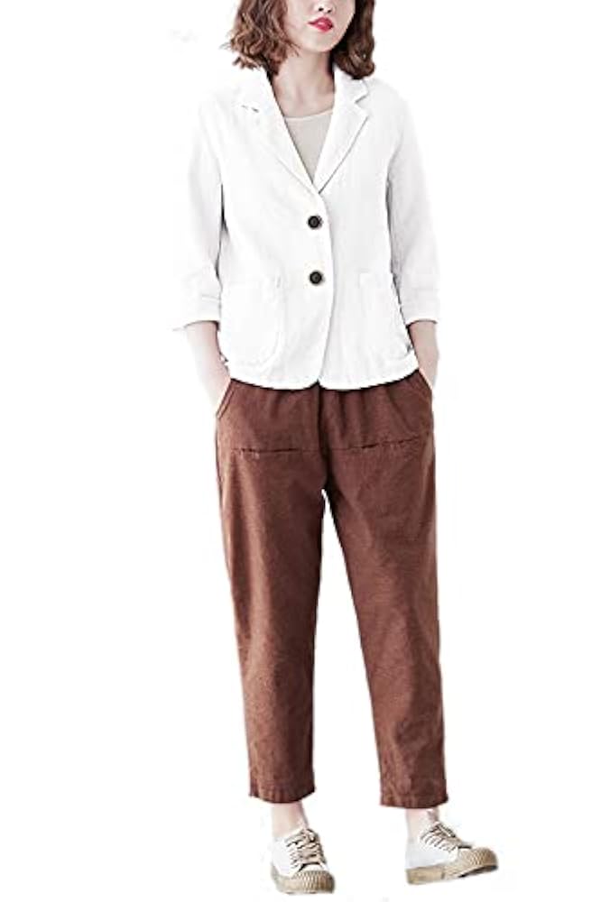 Amazon | [Hanmall] レディース 長袖 白 綿麻 ジャケット 秋